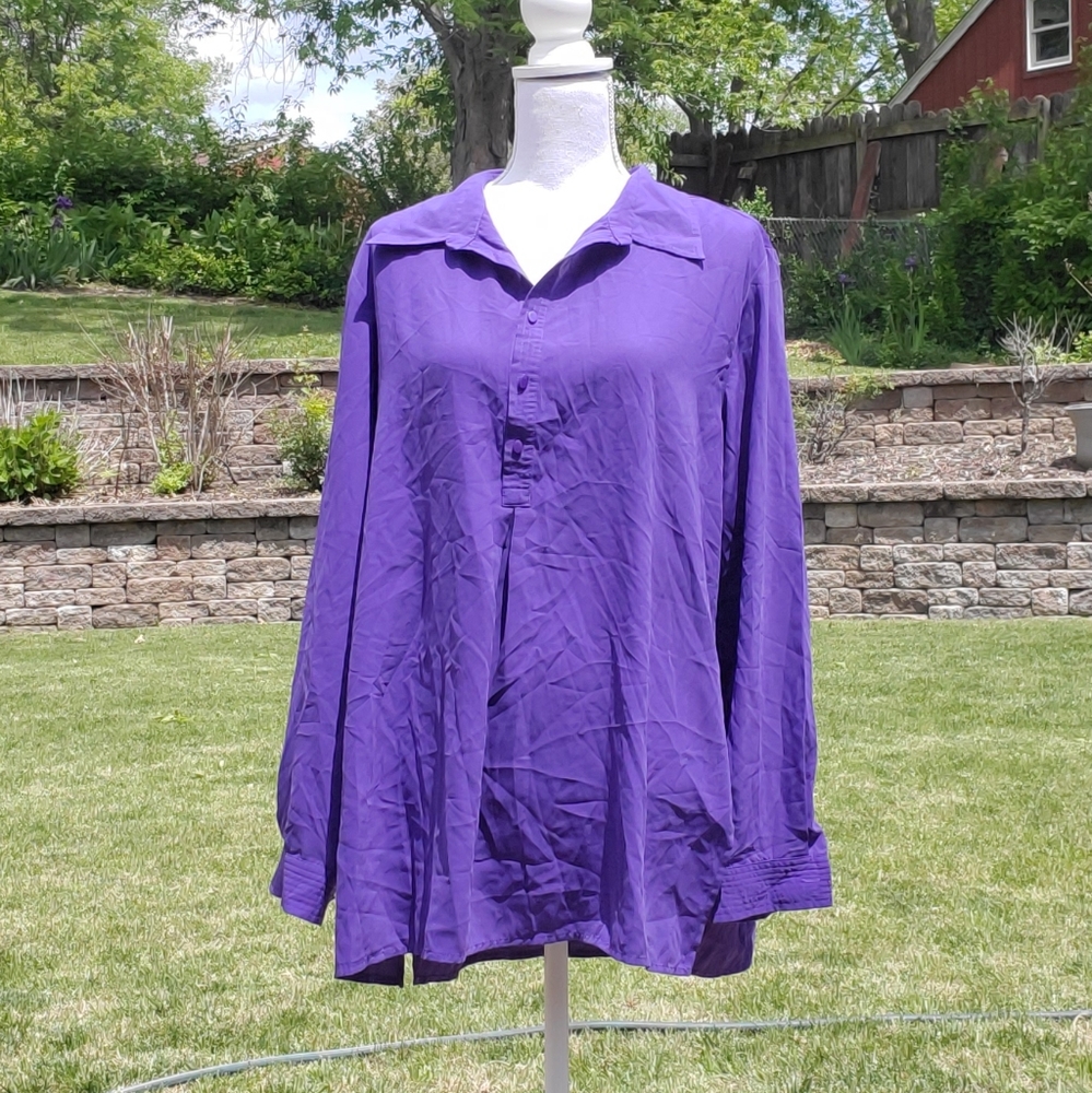 Susan Graver Royal Purple Long Sleeve Button Up Tunic Blouse Size L